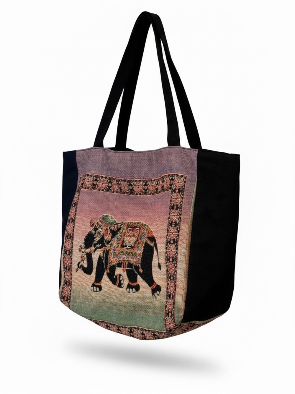 Black Tote Bag with Embroidered Elephant Panel
